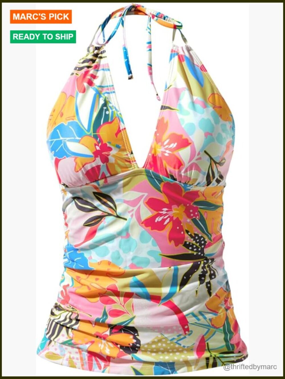 Halter Tankini Top V Neck Tummy Control Swim Top Ruched Bathing Suit